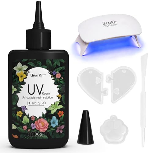 GratKit UV Resin Set mit UV-Lampe 395nm, Kristallklares UV Harz 100g, Schnellhärtend, Niedriger Geruch, Blasenarm & kein Vergilben für Schmuck, Basteln & Reparatur