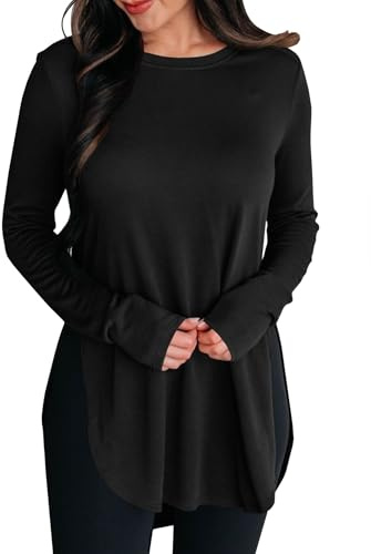 Fisoew Damen Sportshirt Langarm Rundhals Seiten Schlitz Yoga T-Shirt Gym Leicht Fitness Oberteile