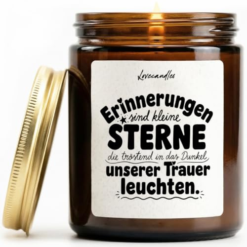 Erinnerungen sind kleine Sterne, die tröstend leuchten - Duftkerze mit Spruch als Geschenk für Abschied, Trauer, Angehörige, Freunde, Lustige Vanille Duftkerzen im Glas