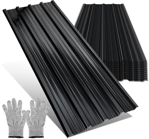 Peviasot Profilblech Dachplatten 12 Stück 129×46 cm Trapezblech Set Anthrazit Verzinkter Stahl 0,25 mm Dachblech für Gartenhaus Carport Schuppen inkl. Schnittschutzhandschuhe ca. 7 m²