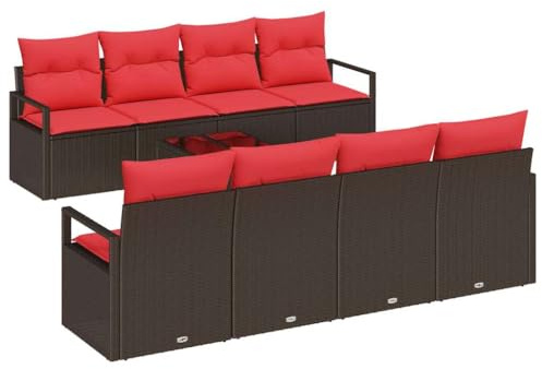 vidaXL Sofa Set mit Kissen 7 pcs Braun und Rot Poly Rattan, Garten- und Terrassensofa-Set, modern, langlebig, modular, leicht, UV-beständig, Bequeme, Coole Möbelkollektion