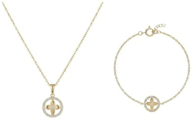 Suzan Gold® 375 Echtgold Schmuckset Damen Halskette Armband Stern Kreis Zirkonia elegant wasserfest nickelfrei Geschenk Set Crucelle Star Circle hochwertig