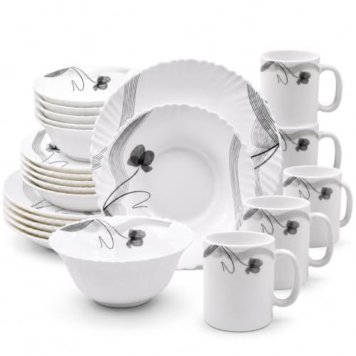 HOMSMYTH 24 Pcs Opal Glass Dinner Set for 6 People, Black Floral Dinnerware Set, 10.5 Dinner Plates, 8.5 Soup Plates, 6 Bowls & 320ml Mugs, Microwave & Dishwasher Safe, White Tableware Set (24 Pcs)