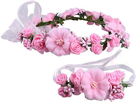 YSXY Frauen Mädchen Blumenkranz Blumenstirnband Blumenkrone Haarkranz Garland Halo mit Floral-Handgelenk-Band für Braut Fotografie Hochzeit, M, Pink