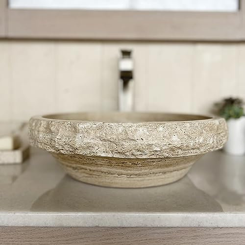 Fregadero de piedra travertino marrón natural, moderno y rústico cincelado, mármol tallado a mano, lavabo de piedra real + bandeja de jabón gratis