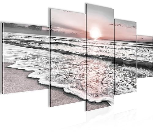 Runa Art - Tableau Le Coucher Du Soleil Plage 200 x 100 cm 5 Parties XXL Decoration Murale Dessin Gris Rose 023751b