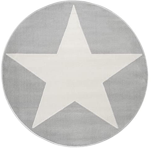 LIVONE Happy Rugs for Kids Kinderteppich Kinderzimmer Babyteppich Modern mit großem Stern in Silber grau Weiss Grösse 160 cm rund