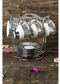 Bavary Porzellan Kaffee Tassen Set für 6 Personen 13Tlg Coffee Tassen Latte Cappuccino Metallständer Medusa Mäander Versac Style 6X Tassen + 6 x Untertassen