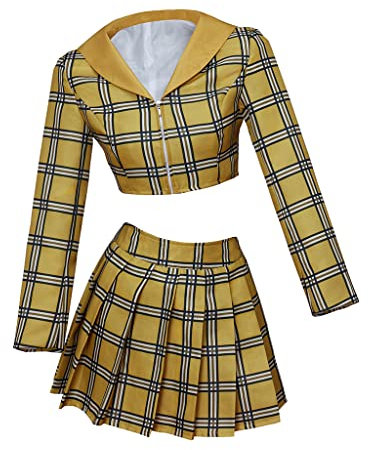 RocailleCos Clueless Cher Cosplay Kostüm Kleid Gelb Plaid Crop Top Rock Anzug Halloween Outfit für Frauen Mädchen (M, gelb)