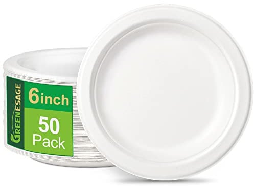 GREENESAGE Rigid 6 inch 50 Pack Disposable Paper White Plates Sugarcane and Compostable Strong Dishes for Picnic Wedding Party BBQ