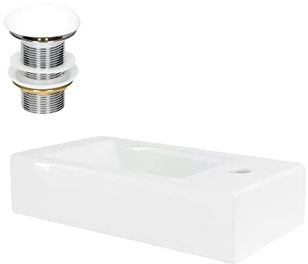 ML-Design Lavabo en Céramique, Blanc, 46x26x11 cm, Anguleux, Garniture de Vidage 1 1/4, Montage Mural/Á Poser, Trou de Robinet à Droite, Design Moderne, Vasque de Comptoir Élégant, Salle de Bain/WC