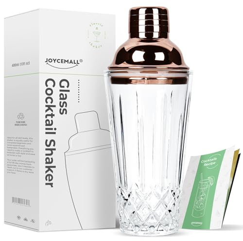 JOYCEMALL Shaker à cocktail en verre transparent 400 ml avec passoire et couvercle doseur en acier inoxydable et boîte cadeau pour la maison, bar, bar, boissons à whisky, or rose