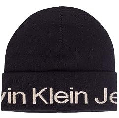 Calvin Klein Jeans Damen Strickmütze mit Wolle und Kaschmir Logo Beanie schwarz (15) 000