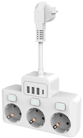 Regleta Enchufe Proteccion, Ladron Enchufe con Interruptor, Regleta 3 Puertos,Conector Multiple,Protección Sobretension con USB - USB C,220-250V,Plano, Conmutable Individual, Triple, de Pared, Blanco.