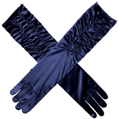 ihreesy Satin-Handschuhe, 38cm Ellenbogenlänge Opernhandschuhe Armstulpen Brauthandschuhe Satinhandschuhe Abendhandschuhe Tüllhandschuhe Abendhandschuhe für Partykostüme,Navy blau