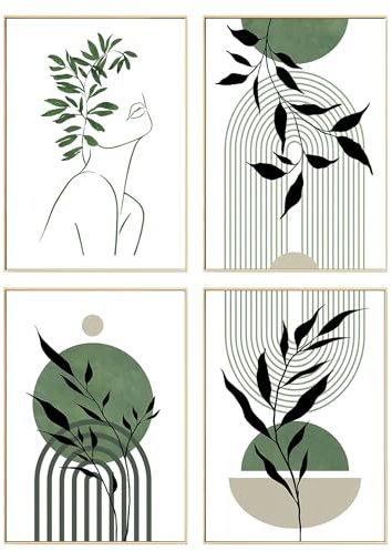 DEUXYU Premium Geometrie Deko Bilder 4er, A4 Moderne Grüne Pflanze Poster, Wohnzimmer Leinwandbilder, Hängende Gemälde Wandbilder, Kunstdruck Wandposter für Schlafzimmer, Büro, Flur, Eingang 21x30cm