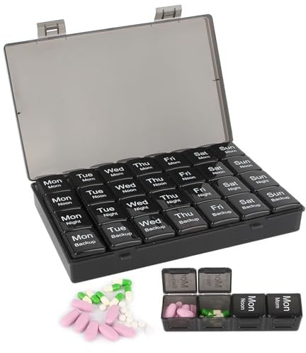 Medikamenten-Organizer 28 Fächer, Tablettenbox 7 Tage Große Fächer, Tabletten Box 7 Tage 4-Mal Täglich, Tragbar 7 Tage Reise Pillendose, Woche Pillen Organizer für Vitamine Fischöl