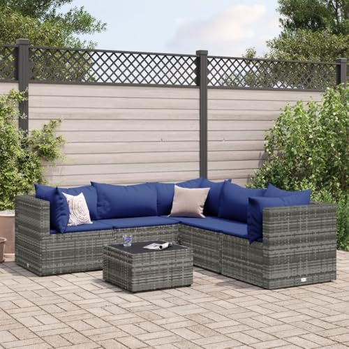 IKAYAA 6-TLG Balkonlounge Rattan Gartenlounge Set Gartenmöbel Balkonmöbel Sofagarnitur Balkon Gartenlounge Loungemöbel Gartensofa Balkon Sofa Rattan Ecklounge Grau