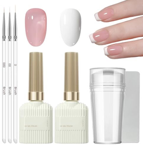 French Manicure Kit, Jelly Pink and White Gel Nail Polish Set, Jelly Gel Kit for French Tips with 3Pcs Nail Art Pen and Nail Stamper, UV Polish for Manicure Tip Nail Salon