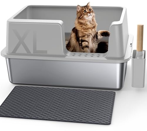 Gimars Arenero Acero Inoxidable Gatos XL 60x40x31cm, arenero Gato Acero Inoxidable 28L, Bandeja de Arena fácil de Limpiar y sin olores, Sanitaria a Prueba de Fugas con Pala y Alfombrilla