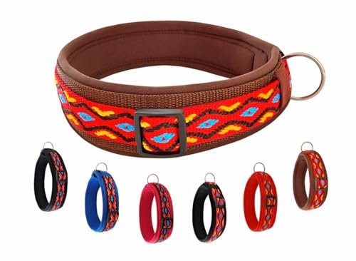 BUDDYPACK | Hundehalsband Extra-Breit und Weich Gepolstert | Für Kleine, Mittlere und Große Hunde (Rot-Bunt auf Braun, XXS (29-34 cm))