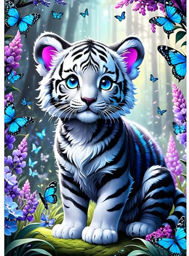 DPHERO 5D Tigre Mignon Diamond Painting Kits, DIY Fleurs Art du Diamant Painting Kit Complet, Papillon Broderie Kits de Peinture sur Diamant Point de Croix Painting pour Adultes Débutants 30x40 cm