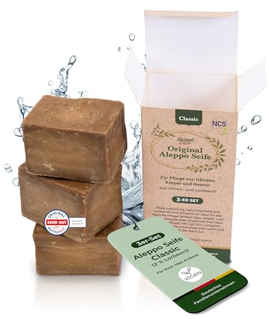Aleppo Pure® Original Aleppo Seife Classic Set 3 × 200g – 12% Lorbeeröl – Handgemachte Naturseife für Gesicht, Körper & Haar – Bio Olivenölseife ohne Zusatzstoffe – vegan & palmölfrei