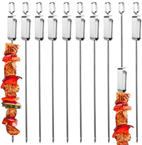 BBQ Skewers 41cm 10-Pack with Push-Release Design Extra Long Stainless Steel 6mm*1.8mm Kebabs Sticks (304 Grade) 10 Pcs