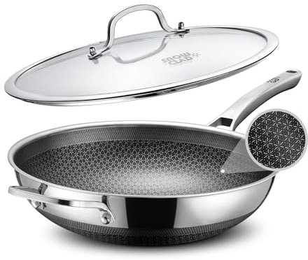 SNOWCLAD Wokpfanne, 30cm Hybrid-Woks und Bratpfannen, Antihaft Wabenpfanne mit Deckel, Edelstahlpfanne, Pfanne induktion, Für Alle Herdarten Geeignet, Ofen-und Spülmaschinenfest, Pfoa Frei