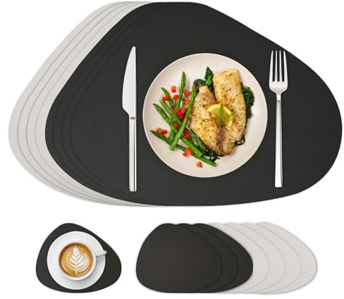 Famibay Platzsets Abwaschbar Tischsets Leder Platzdeckchen rutschfest Beige Grau Tischset und Untersetzer 8er Set Rund HitzebestäNdig Für Tisch Deko Esstisch Esszimmer