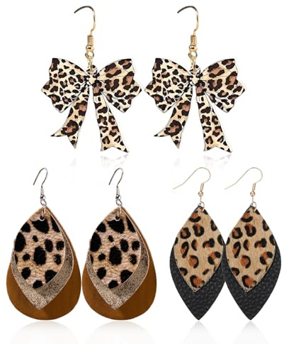 3 Paar Leopardenmuster Ohrringe Set für Damen, Elegante Leder Hängeohrringe in kostüm leopard damen, Perfekte Accessoires für leo print, Fasching und den Alltag Festliche Party