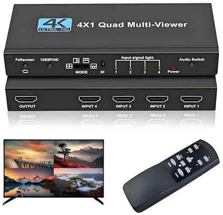 HDMI Multi-Viewer 4X1, Nahtloser Switcher 4 in 1 Out, Quad Multi Viewer Switcher mit IR-Fernbedienung, unterstützt 4K@30Hz, 1080P@60Hz, 5 Anzeigemodi Multiviewer Switch für kameras, Spielkonsolen