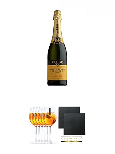 Valdo Marca Oro di Valdobbiadene Italien 0,75 Liter + Scavi & Ray Prosecco Sprizzione (kein Grünstich) Rastal Glas 6 Stück + Schiefer Glasuntersetzer eckig ca. 9,5 cm Ø 2 Stück