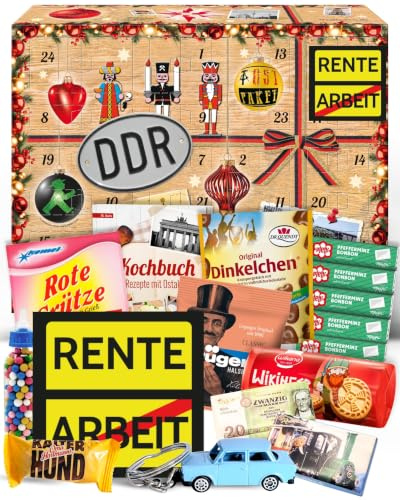 Adventskalender Rente mit 24 Ostprodukten & DDR Spezialitäten - 2026 | Kulinarische Zeitreise mit Ampelmann, Zetti, Pfeffi, Viba & Komet in Holzoptik-Box inklusive Kochbuch - Made in Germany