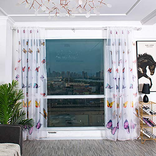 BOYOUTH Colorful Butterfly Pattern Print White Sheer Voile Curtains,Rod Pockets Curtains and Drapes for Bedroom,Study,Living Room,Purple,39 x 78 Inches,2 Panels