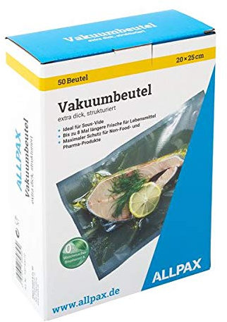 Vakuumbeutel im Karton, 20 x 25 cm, 50 Stück, extra dick, mit Prägung - goffriert (für kammerlose Vakuumierer) - gefertigt aus lebensmittelechten PA/PE, ohne Weichmacher - Materialstärke 150 µm