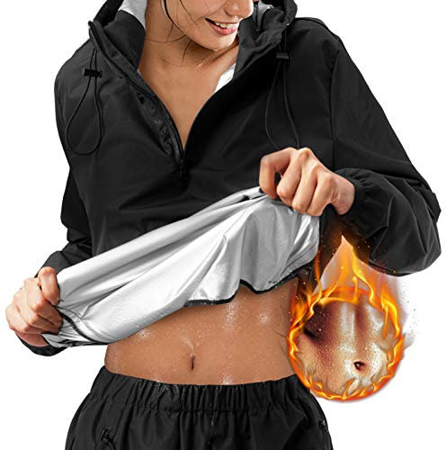 Bingrong Damen Sauna Shirt Thermo Langarm Trainingsanzug Bauchweg Fitness Waist Trainer Abnehmen Saunaanzüge Schwitzanzug Schnelltrocknend Sportanzug Body Shaper (Schwarz, X-Large)