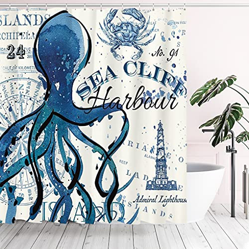 Tititex Vintage Blue Octopus Duschvorhang-Sets, nautische Meereslippe bunte Badezimmer-Dekoration 180 x 180 cm mit Haken