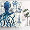 Tititex Vintage Blue Octopus Duschvorhang-Sets, nautische Meereslippe bunte Badezimmer-Dekoration 180 x 180 cm mit Haken