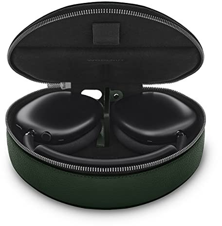WOOLNUT Leather Case for AirPods Max: Tailor-Made Fit, Magnet for Low-Power Mode, Charge Inside, Full-Grain Leather Exterior, Super Soft Microfiber Interior, YKK EXCELLA Metal Zipper - Green