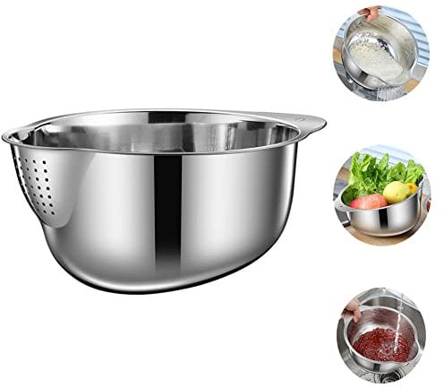 Lavvi Stainless Steel Rice Washing Bowl Versatile 3 in 1 Colander Strainer for Kitchen Vegetables Fruits Silver 9.84 in
