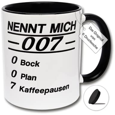 Tasse mit Spruch, lustige Kaffeetasse für Arbeit und Büro Nennt mich 007-0 Bock 0 Plan 7 Kaffeepausen Geschenkidee für Kollegen (B: Schwarz-Weiße Tasse inkl. schwarzem Tassendeckel)