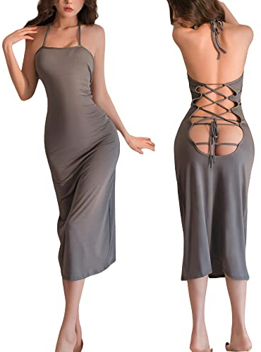 Damen Minikleid mit tiefem V-Ausschnitt, Neckholder, rückenfrei, für Damen, Party, Nacht, sexy, Club, figurbetont, Grauer langer Rock, Einheitsgröße
