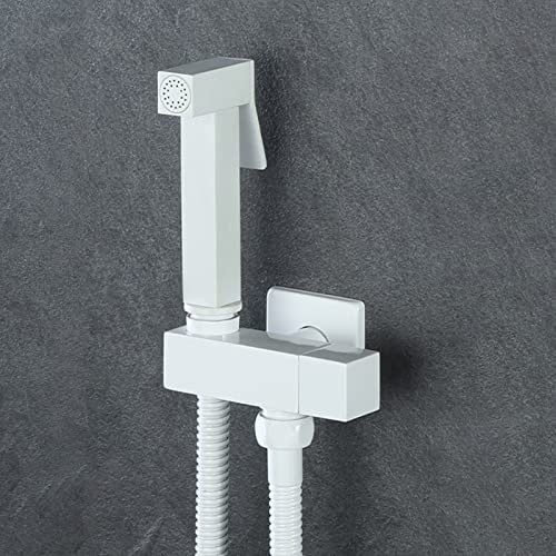 Pulvérisateur de Bidet à Main Laiton Kit Douchette WC Mural Haute Pression Pulvérisateur de Toilette Kit de Pulvérisateur de Bidet avec Tuyau de Douche, Vanne D'équerre, Eau Froide,Blanc