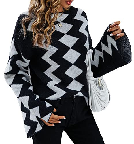 Winter Crop Top Pullover Damen Plaid, Diamant Plaid Damen Ausgestellte Langarm Pullover | Übergroßer Strickpullover Crop Pullover Tops für Frauen und Mädchen