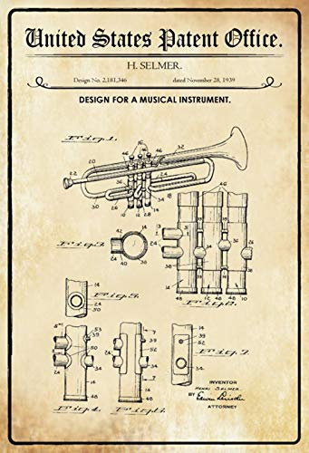 DekoDrom® Blechschild 20 x 30 cm US Patent Trompete Blasinstrument Musik historisches Motiv Wand Deko Sammler Geschenk