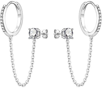 925 Sterling Silver Chain Hoop Earrings for Women, Silver Double Piercing Two Holes Huggie Hoop Earrings Tassel Link Cuff Cartilage Helix Cubic Zirconia Stud Earrings for Teen Girls Jewellery Gifts
