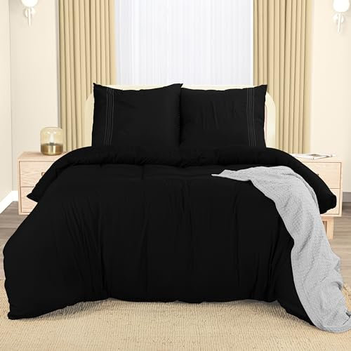 Utopia Bedding Housse de Couette 220x240 cm avec 2 Taies d'oreiller Brodée 65x65 cm (Noir) - Parure de lit 220x240 cm - Ensembles de Housses de Couette en Microfibre brossée Douce