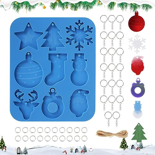 Weihnachten Thema Silikonformen Set, 9 Stück Schneeflocke Elch Schneemann, mit 20 Stück Schlüsselanhänger, DIY Weihnachtsbaum Anhänger Epoxy Weihnachten Harz Formen (Blau)