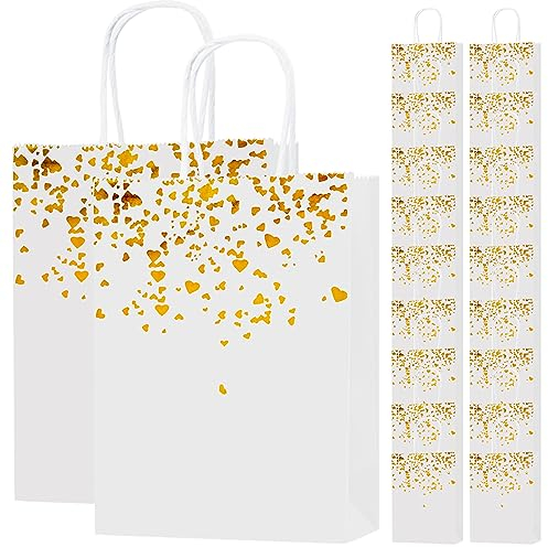 20 Stück Weiß Gold Geschenktüten, Papiertüten mit Henkel, Goldenen Herzen Wiederverwendbar Kraftpapiertüten für Einkaufen Hochzeiten Verpackungen Partys Geburtstag